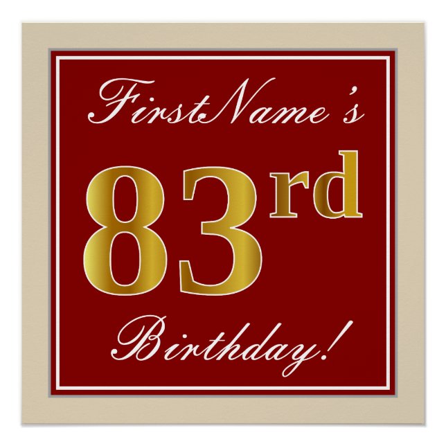 Elegant, Red, Faux Gold 83rd Birthday; Custom Name Poster (Front)