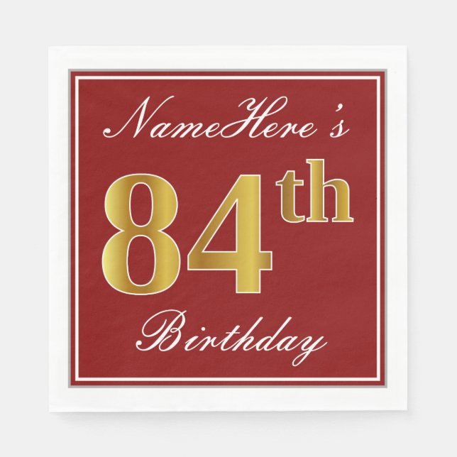 Elegant Red, Faux Gold 84th Birthday + Custom Name Napkin (Front)
