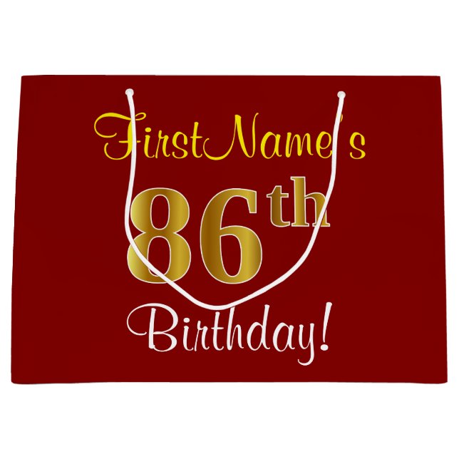 Elegant, Red, Faux Gold 86th Birthday; Custom Name Large Gift Bag (Front)