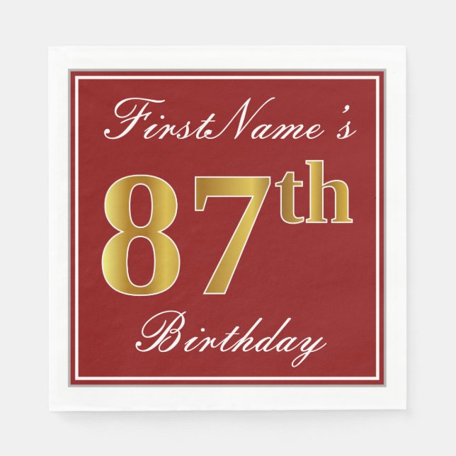 Elegant Red, Faux Gold 87th Birthday + Custom Name Napkin (Front)