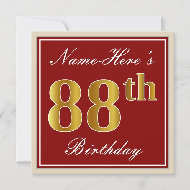 Elegant, Red, Faux Gold 88th Birthday; Custom Name Invitation (Front)