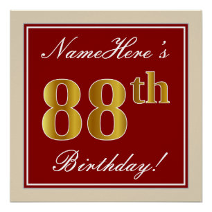 Elegant, Red, Faux Gold 88th Birthday; Custom Name Poster