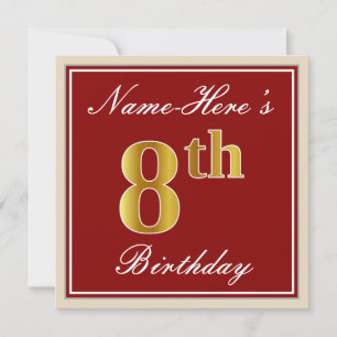 Elegant, Red, Faux Gold 8th Birthday + Custom Name Invitation