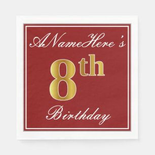 Elegant Red, Faux Gold 8th Birthday + Custom Name Napkin