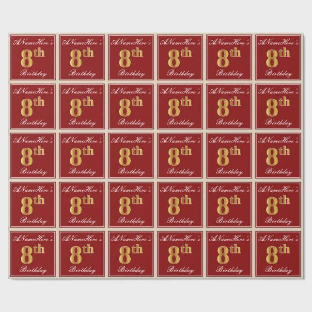 Elegant, Red, Faux Gold 8th Birthday + Custom Name Wrapping Paper (Flat)