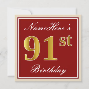 Elegant, Red, Faux Gold 91st Birthday; Custom Name Invitation