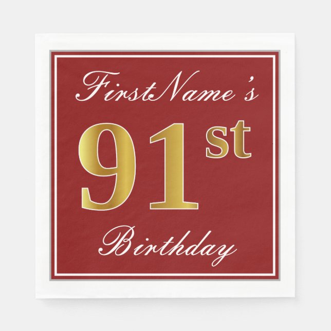 Elegant Red, Faux Gold 91st Birthday + Custom Name Napkin (Front)