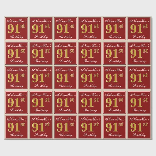 Elegant, Red, Faux Gold 91st Birthday; Custom Name Wrapping Paper (Flat)