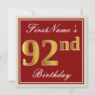 Elegant, Red, Faux Gold 92nd Birthday; Custom Name Invitation