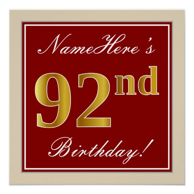 Elegant, Red, Faux Gold 92nd Birthday; Custom Name Poster (Front)