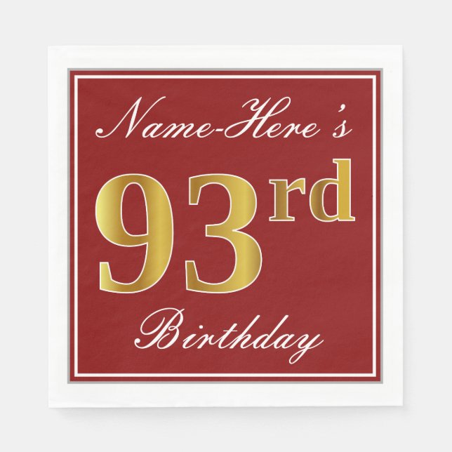 Elegant Red, Faux Gold 93rd Birthday + Custom Name Napkin (Front)