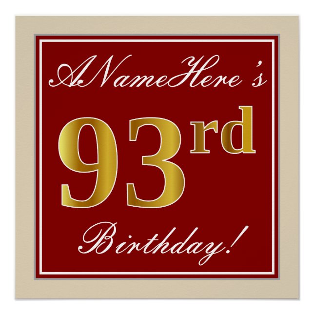 Elegant, Red, Faux Gold 93rd Birthday; Custom Name Poster (Front)