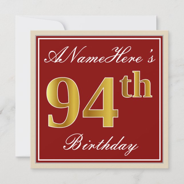 Elegant, Red, Faux Gold 94th Birthday; Custom Name Invitation (Front)