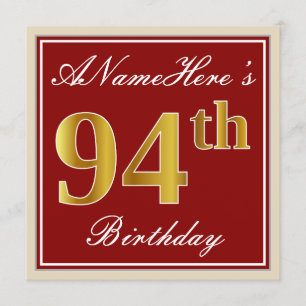 Elegant, Red, Faux Gold 94th Birthday; Custom Name Invitation
