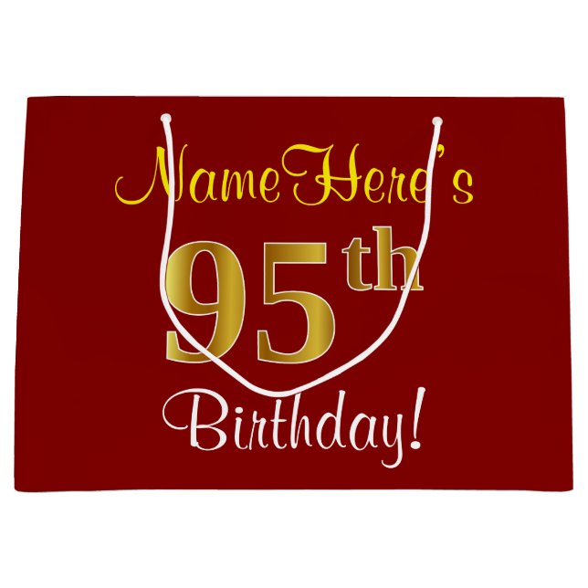 Elegant, Red, Faux Gold 95th Birthday; Custom Name Large Gift Bag (Front)