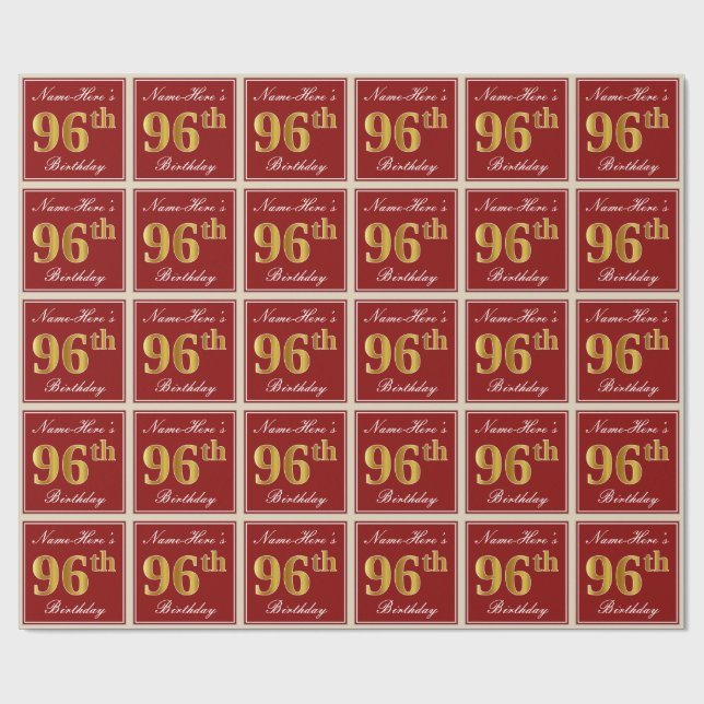 Elegant, Red, Faux Gold 96th Birthday; Custom Name Wrapping Paper (Flat)