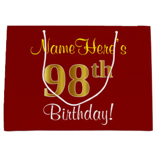 Elegant, Red, Faux Gold 98th Birthday; Custom Name Large Gift Bag