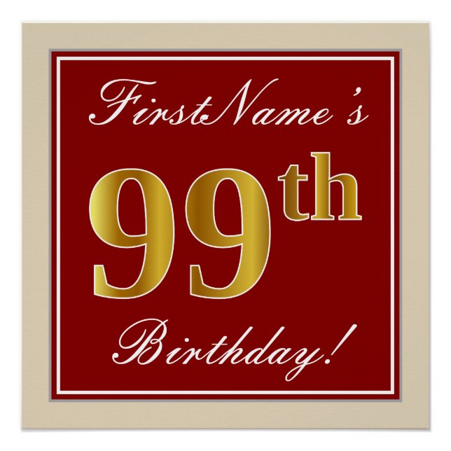Elegant, Red, Faux Gold 99th Birthday; Custom Name Poster (Front)