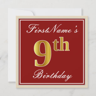 Elegant, Red, Faux Gold 9th Birthday + Custom Name Invitation