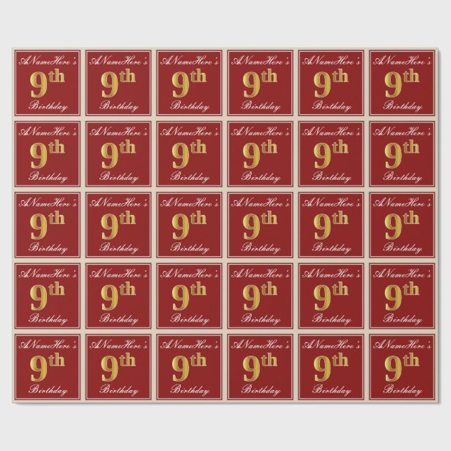 Elegant, Red, Faux Gold 9th Birthday + Custom Name Wrapping Paper (Flat)