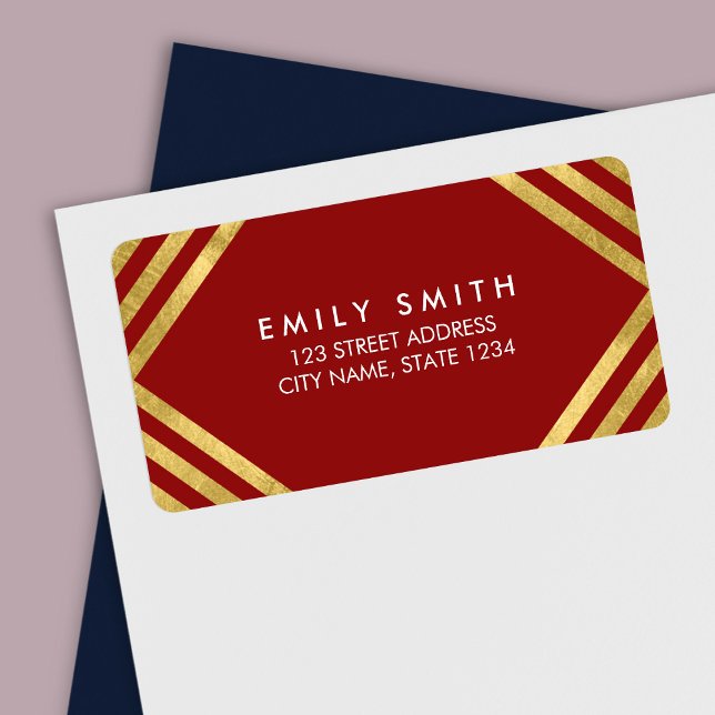 Elegant Red Faux Gold Lines Address Label (Creator Uploaded)