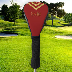 Elegant Red Faux Gold Name Chevron Geometric Golf Head Cover