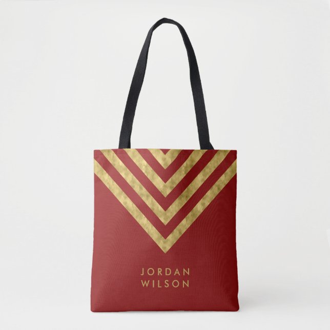 Elegant Red Faux Gold Name Chevron Geometric Tote Bag (Front)
