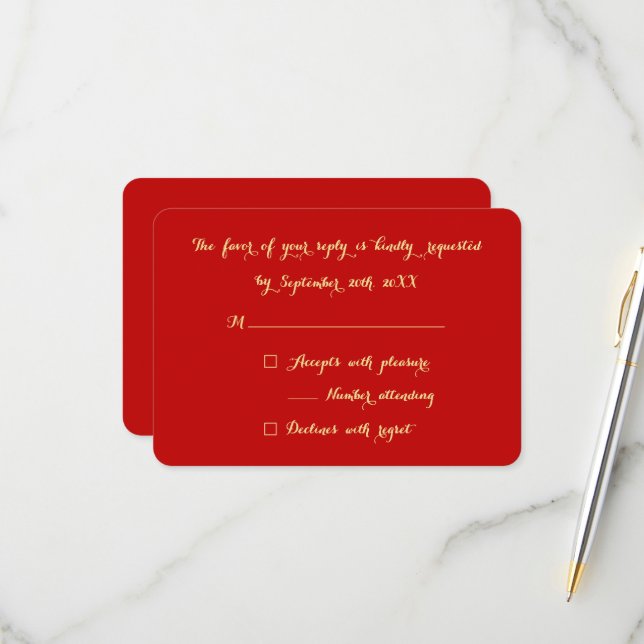 Elegant Red Faux Gold Office Christmas Party Reply RSVP Card (Front/Back In Situ)