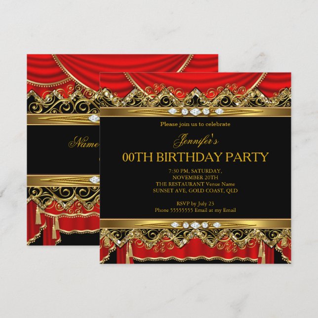 Elegant Red Faux Gold Silk Black Diamond Invite (Front/Back)