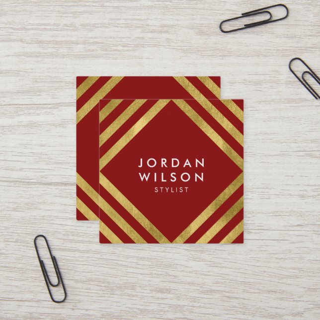 Elegant Red Faux Gold Square Lines Geometric Square Business Card (Front/Back In Situ)