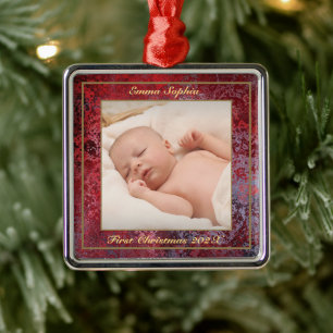 Elegant Red First Christmas Photo Metal Ornament