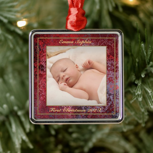 Elegant Red First Christmas Photo Metal Ornament (Tree)