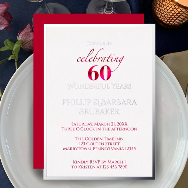 Elegant Red Floral 60th Wedding Anniversary Party (Celebrate the 60th anniversary by customizing this party invitation template. Festive elegant unique)