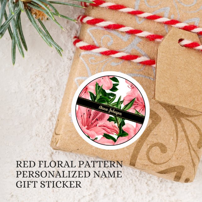 Elegant Red Floral Background Personalised Name Classic Round Sticker (Creator Uploaded)