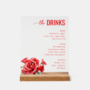 Elegant Red Floral Beverage Menu Acrylic Sign