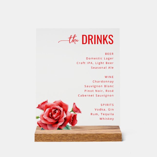 Elegant Red Floral Beverage Menu Acrylic Sign (Front)
