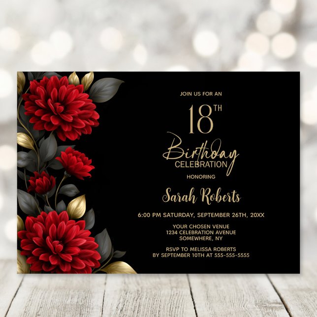 Elegant Red Floral Black 18th Birthday Party Invitation (Creator Uploaded)