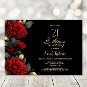 Elegant Red Floral Black 21st Birthday Party Invitation