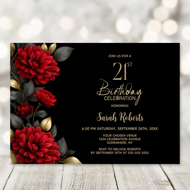 Elegant Red Floral Black 21st Birthday Party Invitation (Creator Uploaded)