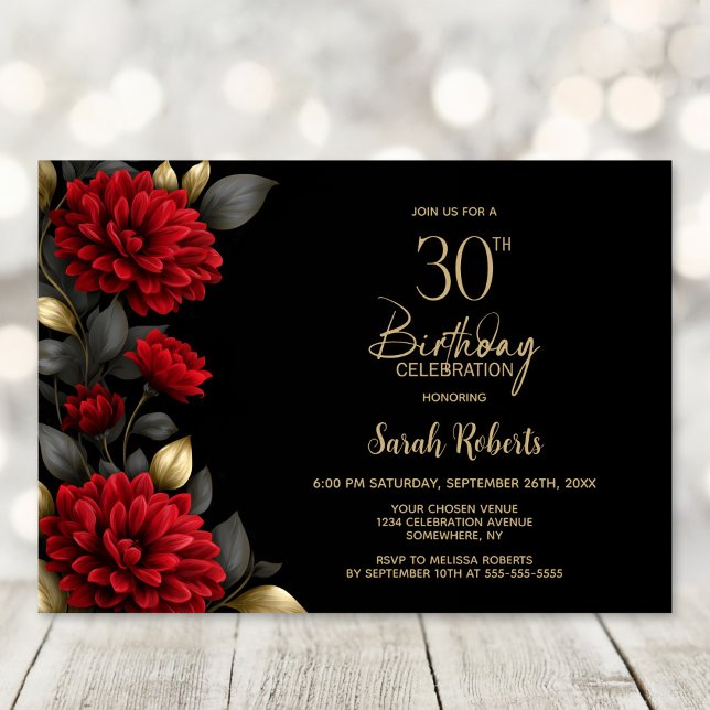 Elegant Red Floral Black 30th Birthday Party Invitation (Creator Uploaded)