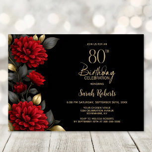 Elegant Red Floral Black 80th Birthday Party Invitation