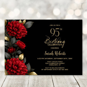 Elegant Red Floral Black 95th Birthday Party Invitation
