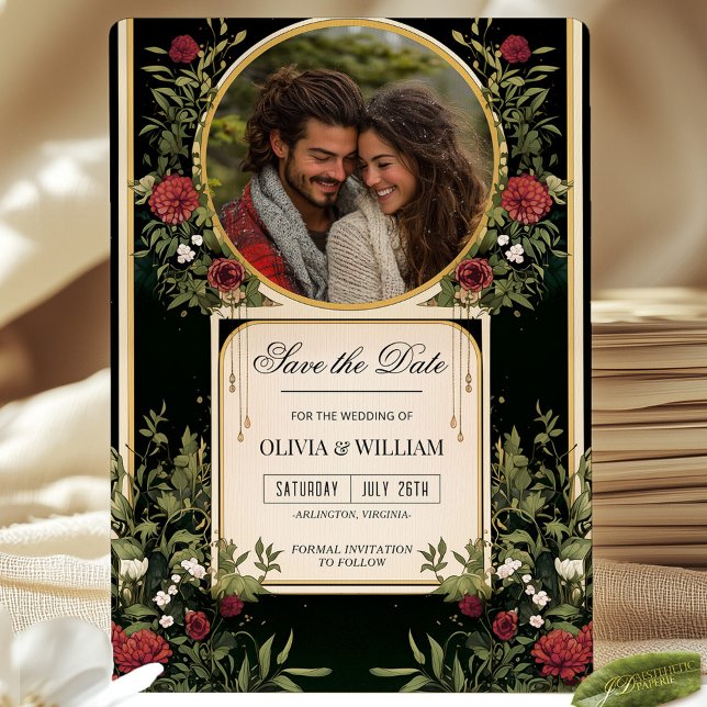 Elegant Red Floral Black and Gold Save the Date In Invitation (Creator Uploaded)