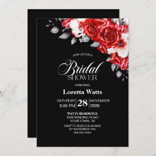 Elegant Red Floral Black Bridal Shower Invitation