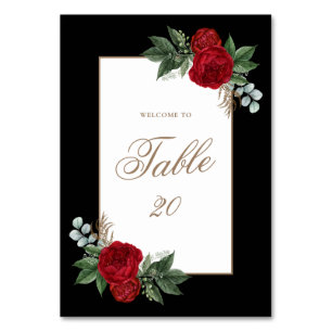 Elegant Red Floral Black & Gold Framed Wedding Table Number