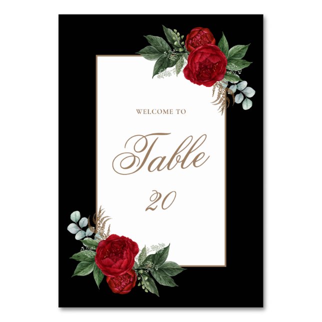 Elegant Red Floral Black & Gold Framed Wedding Table Number (Front)