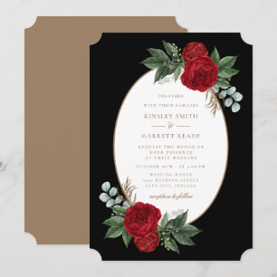 Elegant Red Floral Black & Gold Wedding Invitation