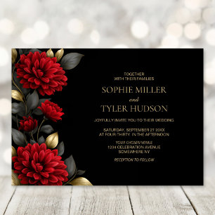 Elegant Red Floral Black Wedding Invitation