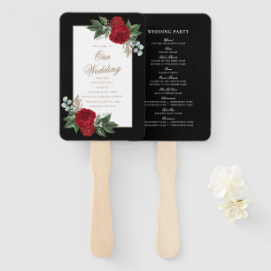 Elegant Red Floral Black & White Wedding Program Hand Fan