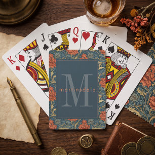 Elegant Red Floral Blue William Morris Monogram Playing Cards